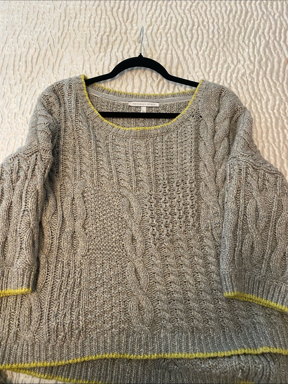 Victoria's Secret Gray Cable-Knit Sweater with Yellow Trim